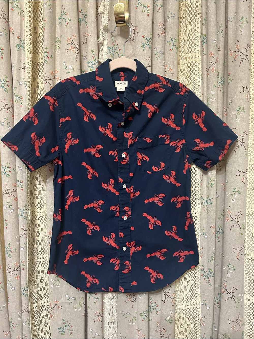 Crewcuts Boys Size 10 Lobster‎ Print Button Down Shirt Navy Red Coastal
